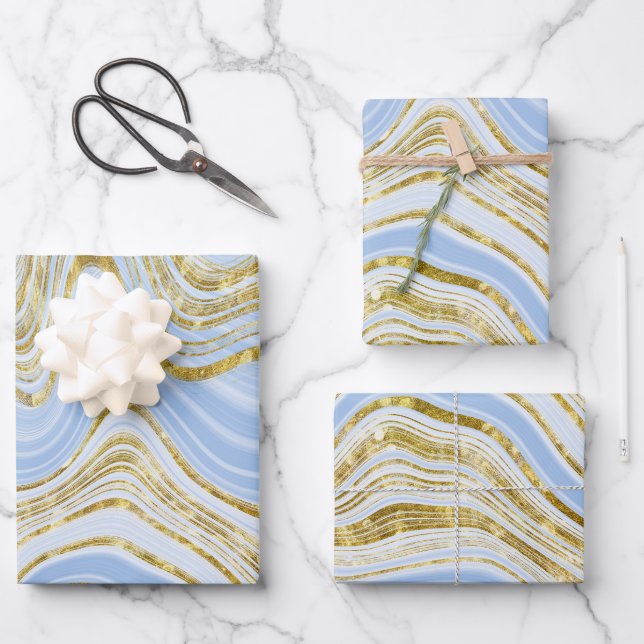 Pale Blue and Gold Marble Look Wrapping Paper Sheet (Front)