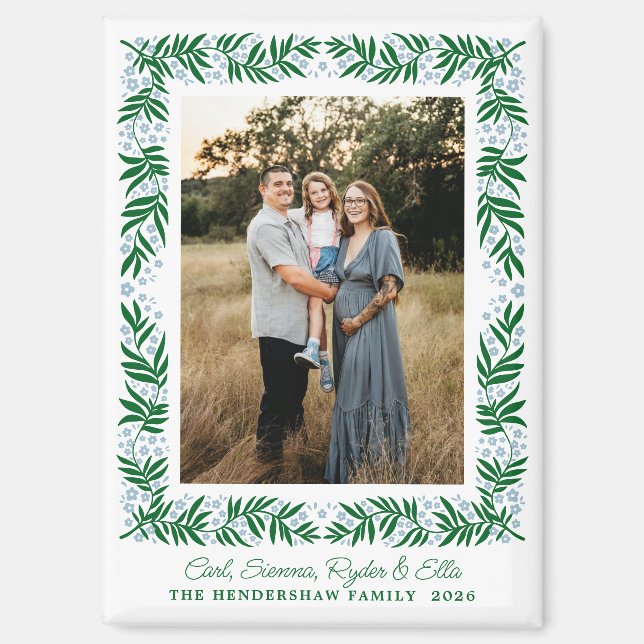 Pale Blue and Green Folk Art Floral Frame and Text Magnet (Front)