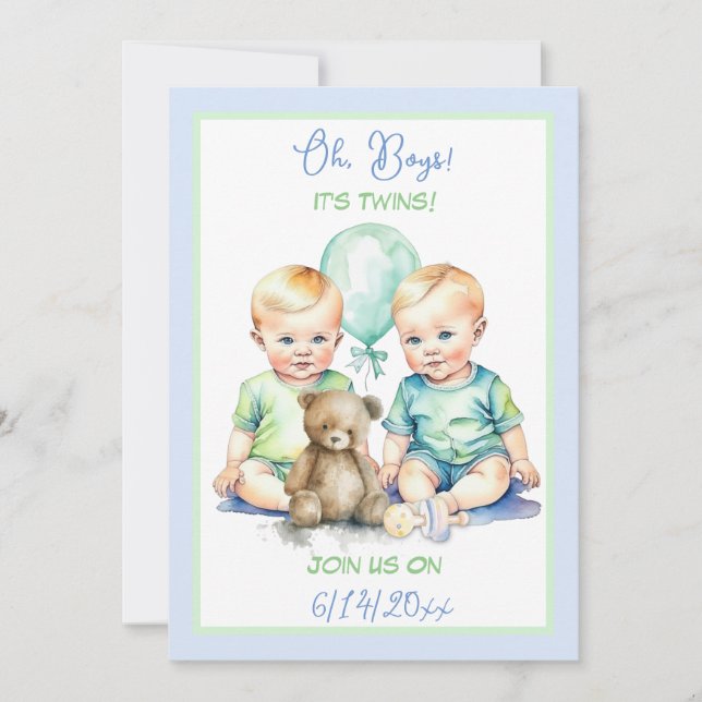 Pale Blue and Green Twin Boys Baby Shower Invitation (Front)
