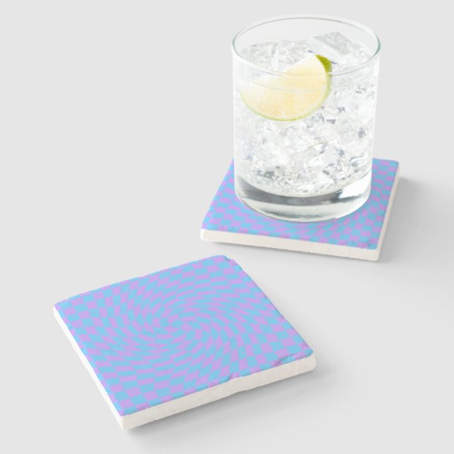 Pale-Blue and Lavender chequered  pattern Stone Coaster (Side)