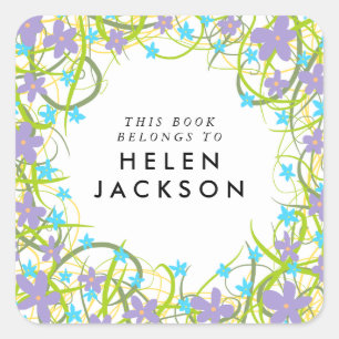 Pale blue and lilac floral book name sticker