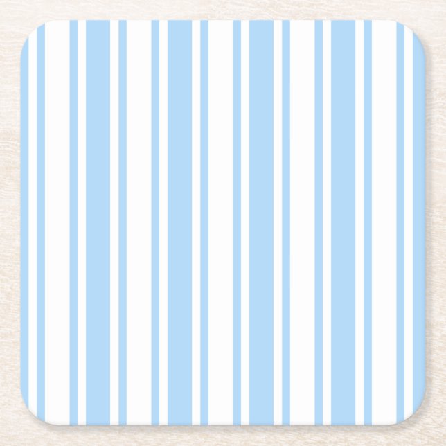 Pale blue and white candy stripes square paper coaster (Front)