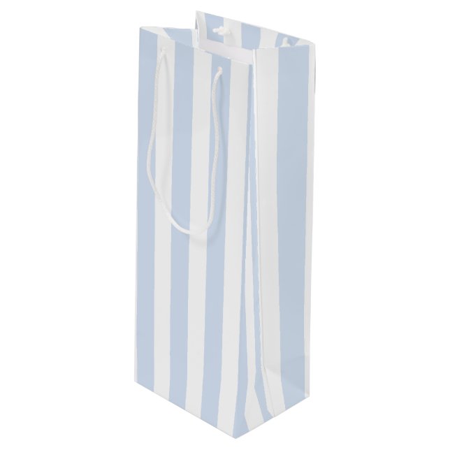 Pale blue and white candy stripes wine gift bag (Front Angled)