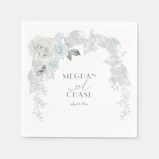 Pale Blue and White Rose Iridescent Foliage Napkin (Front)