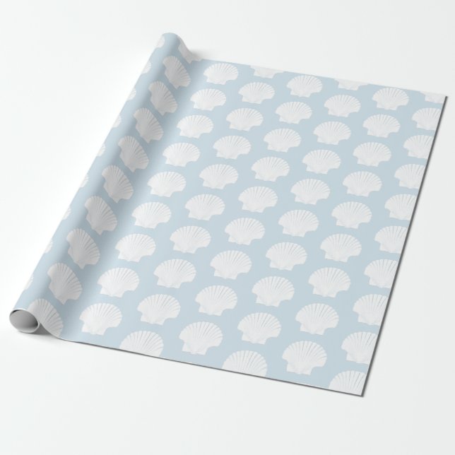 Pale Blue and White Sea Shells Wrapping Paper (Unrolled)