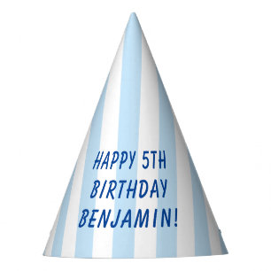 Pale Blue and White Stripe Happy Birthday Party Hat