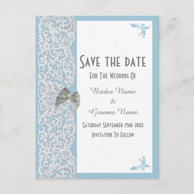 Pale blue and white traditional lace save the date announcement postcard (Front)