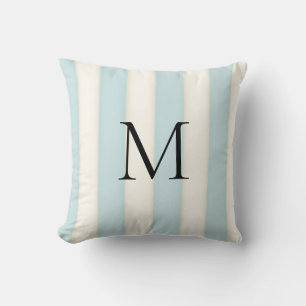 Pale Blue & Antique White Stripes Monogrammed Cushion