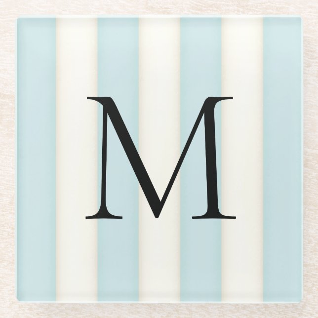 Pale Blue & Antique White Stripes Monogrammed Glass Coaster (Front)