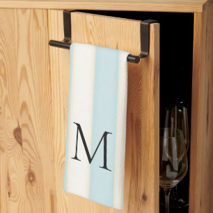 Pale Blue & Antique White Stripes Monogrammed Tea Towel