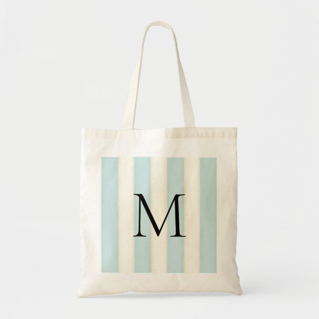 Pale Blue & Antique White Stripes Monogrammed Tote Bag (Front)