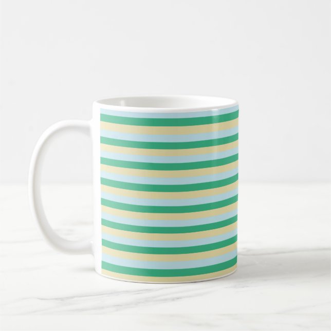 Pale Blue, Aqua Green and Beige Stripes Coffee Mug (Left)