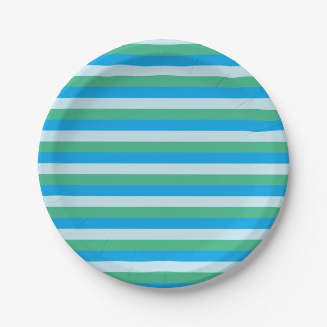 Pale Blue, Aqua Green and Turquoise Stripes Paper Plate (Front)