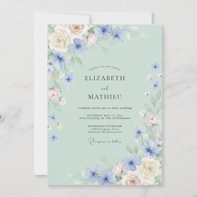 Pale Blue Blossom Flourish Wedding Invitation (Front)