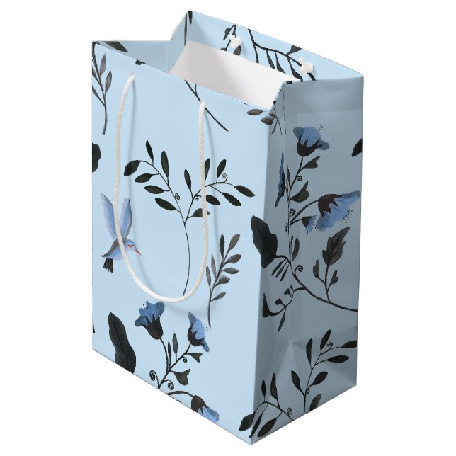 Pale Blue Bluebells and Bluebirds Floral Pattern o Medium Gift Bag (Back Angled)
