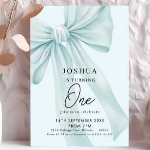 Pale Blue Bow Elegant First Birthday Party  Invitation