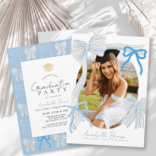 Pale Blue Bows Photo Graduation Party Invitation