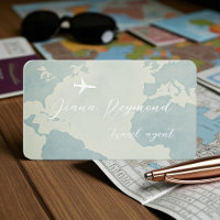 Pale Blue Business Card with World Map and Plane