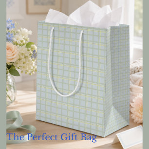 Pale Blue Check Gift Bag   Modern Minimalist 