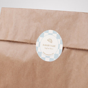 Pale Blue Checkered Cafe Croissant Bakery Classic Round Sticker