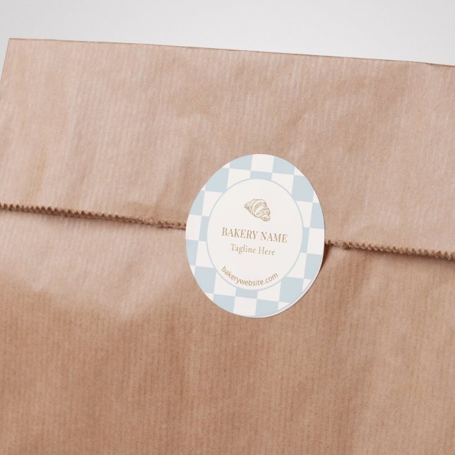 Pale Blue Checkered Cafe Croissant Bakery Classic Round Sticker (Creator Uploaded)