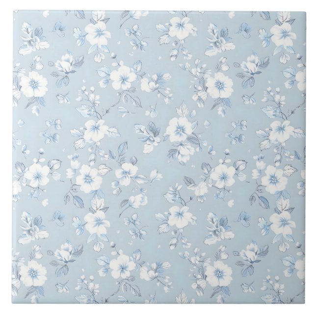 Pale Blue Country style floral pattern Ceramic Tile (Front)