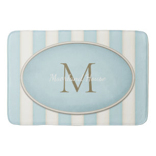 Pale Blue & Cream Stripes Bronze Monogram Bath Mat