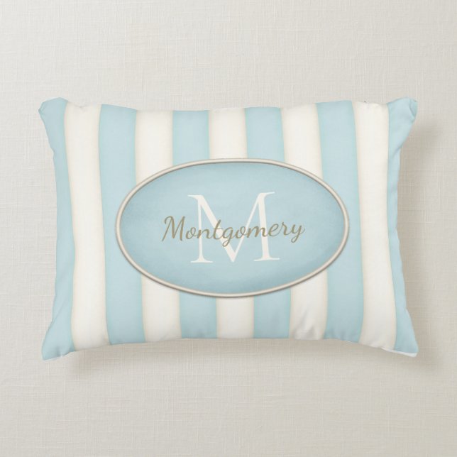 Pale Blue & Cream Stripes Oval Framed Monogram Decorative Cushion (Front)