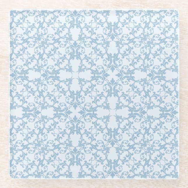 Pale Blue Damask Glass Coaster (Front)