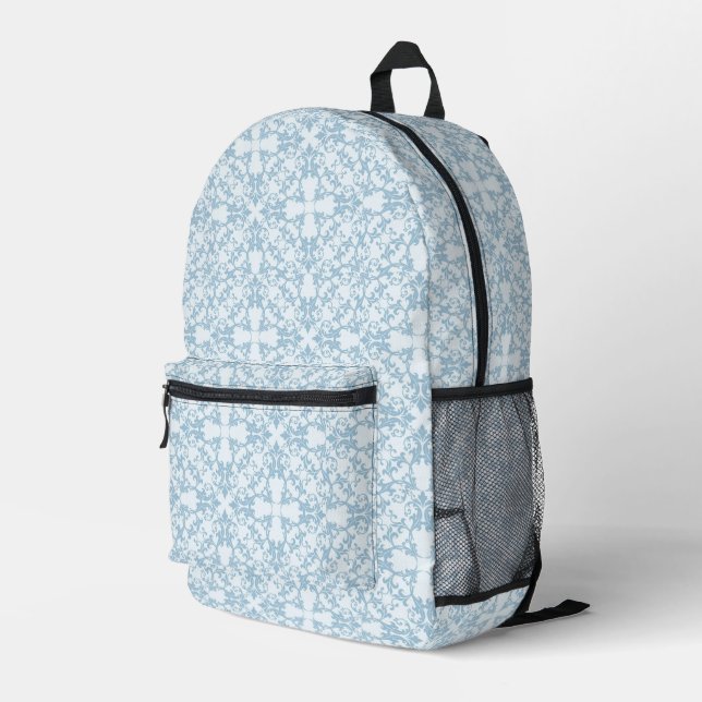 Pale Blue Damask Printed Backpack (Back Corner Right)