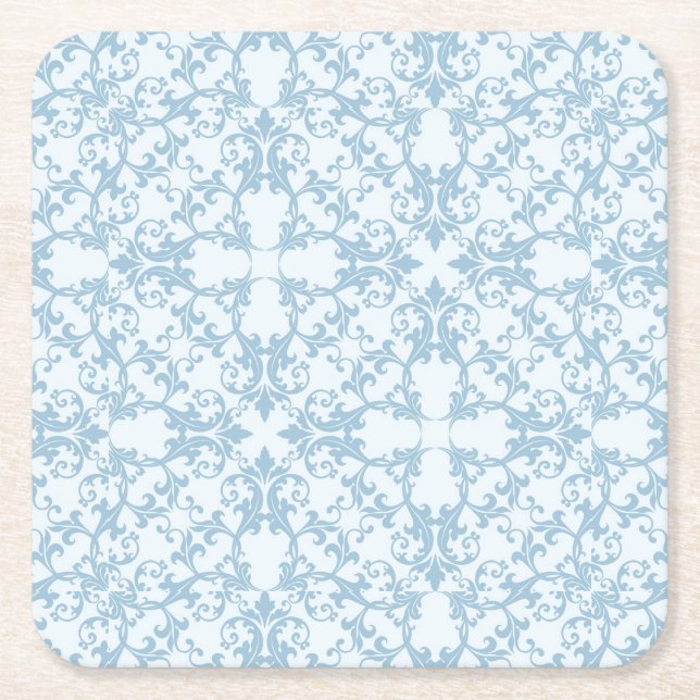 Pale Blue Damask Square Paper Coaster (Front)