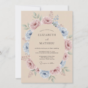 Pale Blue Dusty Rose Floral Wedding Invitation