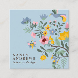 Pale blue floral bouquet whimsical illustration square business card