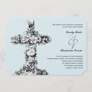 Pale Blue Floral Cross Catholic Wedding Invitation