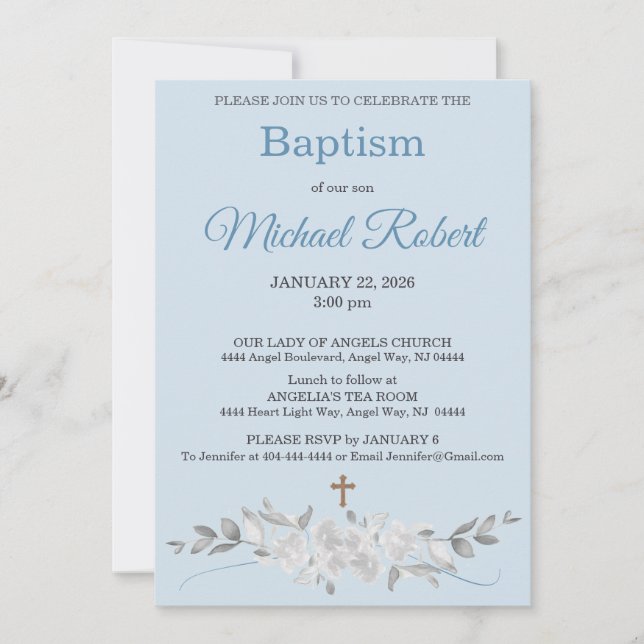 Pale Blue Floral Watercolor Cross Baptism Invitation (Front)