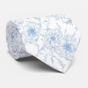 Pale blue flowers toile de jouy neck tie