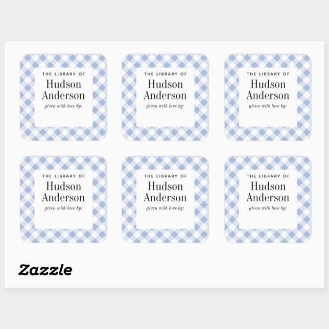 Pale Blue Gingham Plaid Baby Boy Book Plate Square Sticker (Sheet)