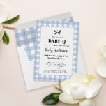 Pale Blue Gingham Plaid Baby Shower BBQ Invitation<br><div class="desc">Celebrate mama and baby to be with this baby-q backyard barbecue party invitation that features a cheerful take on the classic gingham plaid picnic cloth pattern in soft blue and white plus the charming detail of grilling tools with a heart. Customise the text to suit your party details with flexible...</div>