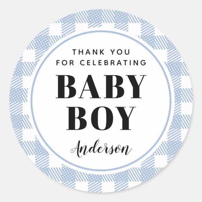 Pale Blue Gingham Plaid Thank You Baby Boy Classic Round Sticker (Front)