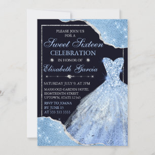 Pale Blue Glitter Dress & Glam Edges Sweet Sixteen Invitation