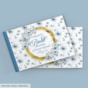 Pale Blue Gold Glitter Watercolor Flowers Bridal Guest Book
