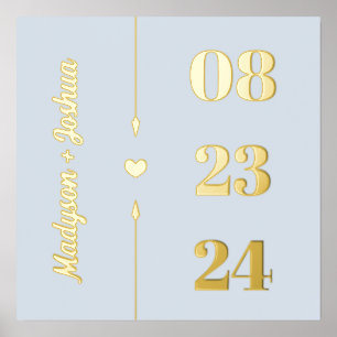 Pale Blue Gold Heart Arrows Names Anniversary Date Foil Prints
