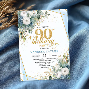 Pale blue gold leaves soft chic 90th birthday invitation
