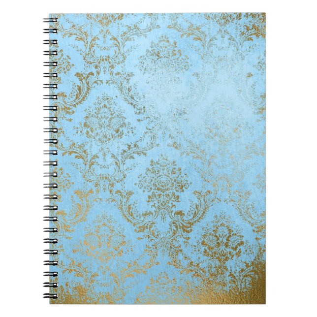 Pale blue gold ,rustic damask,shabby,worn,elegant, notebook (Front)