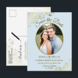 Pale Blue & Gold Wedding Save the Date Oval Photo Announcement Postcard<br><div class="desc">This beautiful save the date postcard is designed to give your friends and family advance notice of your upcoming wedding. It features a simple yet elegant design with gold text on a pale powder blue background, and your photo in an oval frame surrounded by frilly gold faux foil curls and...</div>