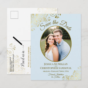 Pale Blue & Gold Wedding Save the Date Oval Photo Announcement Postcard