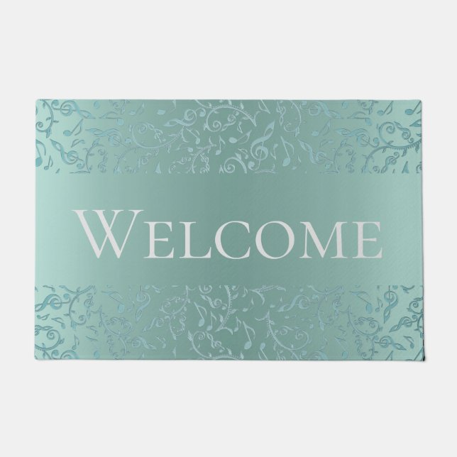 Pale Blue Green Music Notes Welcome Mat (Front)