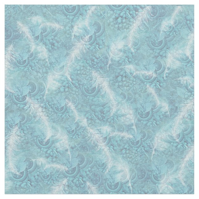 Pale Blue/green Pattern Repeats & White feathers Fabric (Close Up)