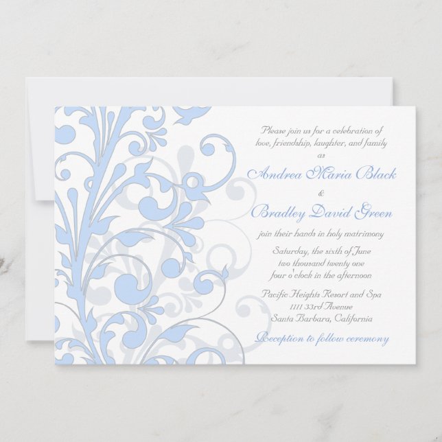 Pale Blue, Grey, & White Wedding Invitation (Front)