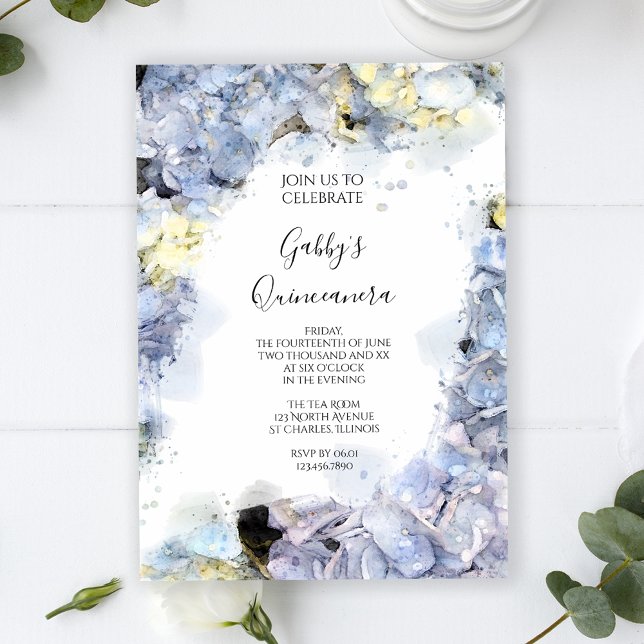 Pale Blue Hydrangea Watercolor Quinceanera Party Invitation (Creator Uploaded)